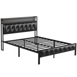 Hausneed Creater Luxury Cool PU Bed Frame with Storage Headboard, Charging Station, LED Lights, Suitable for Baby Kids, Only Bed Frame - Color: Black, size: full