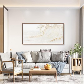 Wall Art Small Size Framed Home Artwork Decor Hand Painted White wave with golden embellishments Modern Canvas Painting For Living Room Decor For Bedroom Office Wall Decor 20"X 40"