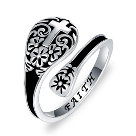 Jnrbecm Cross Spoon Rings for Women Flower Cross Rings Vintage Oxidized Faith Rings Open Adjustable Spoon Rings Inspirational Jewelry Stainless Steel Rings for Women Thumb Jewelry