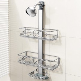 ODesign 2 Tier Stainless Steel Anodized Aluminum,Height-Adjustable Rustproof Shower Caddy Hanging Anti-Swing-Over The Shower Head Caddy-Bathroom Shower Storage Organizer With Soap Box Holder- Sliver