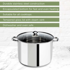 Ecolution Pure Intentions Stock Pot - Features Tempered Glass Lid, Stay-Cool Handles, and Encapsulated Bottom - Oven Safe - Curbside Recyclable Stainless Steel - 12 Quarts