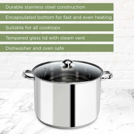 Ecolution Pure Intentions Stock Pot - Features Tempered Glass Lid, Stay-Cool Handles, and Encapsulated Bottom - Oven Safe - Curbside Recyclable Stainless Steel - 12 Quarts