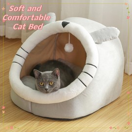 40CM/15.7 in Cat Bed,Semi-Enclosed Cat Beds for Indoor Cats Soft Cat Cave, Cat House with Hanging Plush Toy Covered Cat Bed for Cats and Small Dogs Playing Sleeping