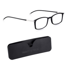 Blue Light Glasses Zero Magnification for Computer, Gaming, Digital & TV for Eye Protection, Thin Black Flat Folding Frames in Stylish Black Case. Read Optics
