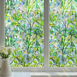 DARUITE Stained Glass Window Film, Green Leaf Pattern Window Film Privacy, Static Cling without Glue Anti UV Decorative Privacy Film for Glass Windows for Home, Office 30x100cm