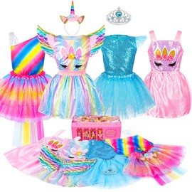 BIBUTY Princess Dresses for Girls Dress up Clothes Trunk, Pretend Play Costumes with 4 Sets of Dresses/Wing/Headband, Princess Crown, Costumes Toys Gifts for 3-6yr Toddler Little Girls
