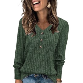 XMTOPYE Shirts for Women Long Sleeve Tops V Neck Sweaters Dressy Casual Fall Outfits Trendy Tunic Sweatshirt Green