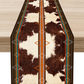 Cow Print Table Runner, Retro Abstract Western Brown Cowhide Spots Rustic Farmhouse Table Center Decor for Home Kitchen Dining Party Indoor Outdoor Decoration 13x36 Inch.