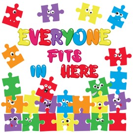 FYSUIMU 42Pcs Puzzles Pieces Bulletin Board Set Everyone Fits in Here Paper Cutouts with 100Pcs Glue Points for Back to School Party Classroom Chalkboard Wall Decor