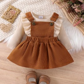 LUVCES Newborn Baby Girl Skirt Sets Ruffle Top + Plaid/Dots/Bowknot Overalls Braces Dress + Headband Autumn Winter Clothing Outfits Set, A:Apricot