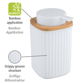 WENKO Rotello Soap Dispenser, Refillable Dispenser for 250 ml Liquid Soap, Made of High-Quality Plastic with Bamboo Detail, Also Suitable for Dishwashing Liquid, 8.9 x 12.7 x 7.5 cm, White/Natural