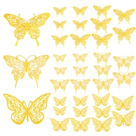 3D Butterflies Gold Metallic Decoration, Pack of 36 Butterfly Decoration Wall Stickers for Girls Kitchen Window Furniture Wedding Party Wall Table Decoration Gifts Living Room Children's Room Wedding