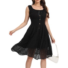 Women's 2025 Summer Short Dress Square Neck Hollow Out Lace Casual Beach Dresses(Black,M)