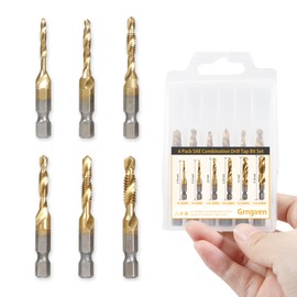 6PCS Combination Drill Tap Bit Set, Titanium Coated Screw Tapping Bit Tool for Drilling, Tapping, Countersinking. SAE 6-32NC 8-32NC 10-24NC 10-32NC 12-24NC 1/4-20NC Tap Set