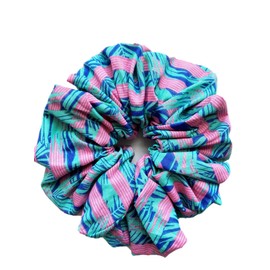 Miami Vice - 7 inch Jumbo Scrunchie - Cotton Print Fabric - retro stripe - pink teal blue - Made in Texas USA
