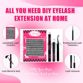 LAKANAKU DIY Lash Extension Kit,280 Pcs Cluster lash Extensions, 10-16mm Mix Wispy Lash Clusters, 30D D Curl Lash Clusters Kit with Bond and Seal and Tweezer and Remover,Fluffty Lash Extensions Kit
