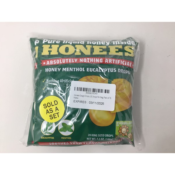 Honees Cough Drops, 20 Drops Per Bag (Pack of 3)
