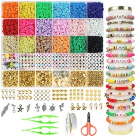 Kit para hacer pulseras con cuentas de arcilla 5100, cuentas planas de muy buen gusto para hacer joyas de amistad, cuentas de polímero Heishi con dijes, regalos para adolescentes y niñas, manualidades para niñas de 8 a 12 años (multicolor)