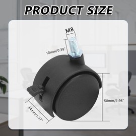 Murtenze 2 Inch Black Plastic Stem Casters Set of 4, M8 Threaded Nylon Furniture Wheel Replacement, 360 Degree Swivel Stem Wheels for Cart, Workbench(2 * with Brake,2 * with No Brake)