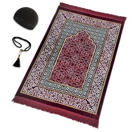 Velvet Islamic Prayer Rug Set (Thick Prayer Mat - 99 Tasbih Prayer Beads - Black Cotton Kufi Hat) Eid and Ramadan Gift for Muslims (Red)