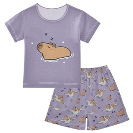 Mnsruu Night Cute Capybara Summer Short Cotton Sleepwear 2 Piece Pajamas Set, multicoloured