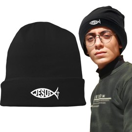 Jesus Fish Beanies Hats Men Black Beanie for Men Skull Beanie Winter Hats for Men Women Warm Knitted Hat Unisex Cuffed Beanie Knit Hat Chemo Cap Headwear Christian Cross Beanie Hip Hop Cap Men Gift