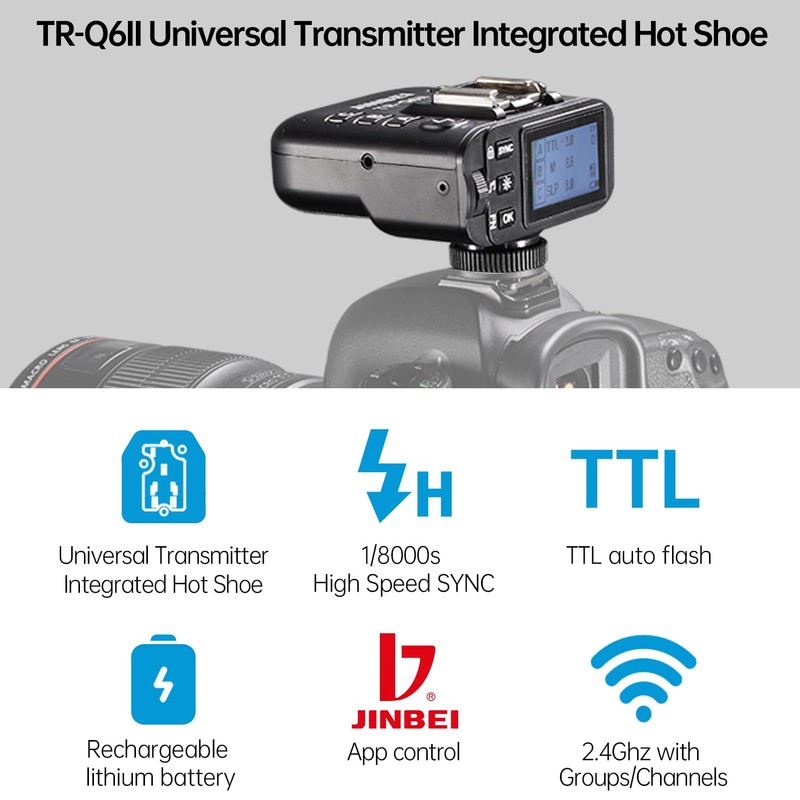 JINBEI TR-Q6II TTL Wireless Flash Trigger Transmitter, 2.4G 1/8000s HSS