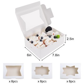 Moretoes 8 Inch Cookie Treat Boxes White Bakery Boxes with 3 Style Window for Cookie, Pastry, Dessert,Chocolate Covered Strawberry and Candy GIft-giving (24 Pack)