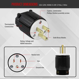ENERLITES NEMA 6-15P Straight Blade Replacement Plug Connector, Male Extension Cord Ends, 15 Amp, 250 Volt, 2 Pole, 3 Wire Grounding, Industrial Grade, Heavy Duty, UL Listed, 66220-BK, Black, 1 Pack