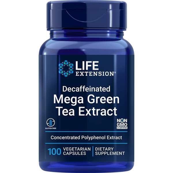 Life Extension Mega Green Tea Extract (98% Polyphenols) Decaffeinated, More Polyphenol Egcg Than The Equivalent Of Several Cups Of Green Tea - Vegetarian- Non-GMO, 100 Vegetarian Capsules