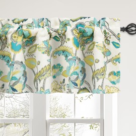 DriftAway Layla Classic America Style Floral Leaves Room Darkening Window Curtain Valance Rod Pocket Single 52 Inch by 14 Inch Plus 2 Inch Header Linen Teal Gray