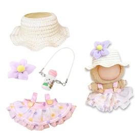 17cm Doll Clothes | Fashion Kawaii Chic Summer Set for Dolls | 4-Piece Outfit with Straw Weave Sun Hat, Floral Decor, Pink Floral Dress & Mini Water Kettle (NO Doll)