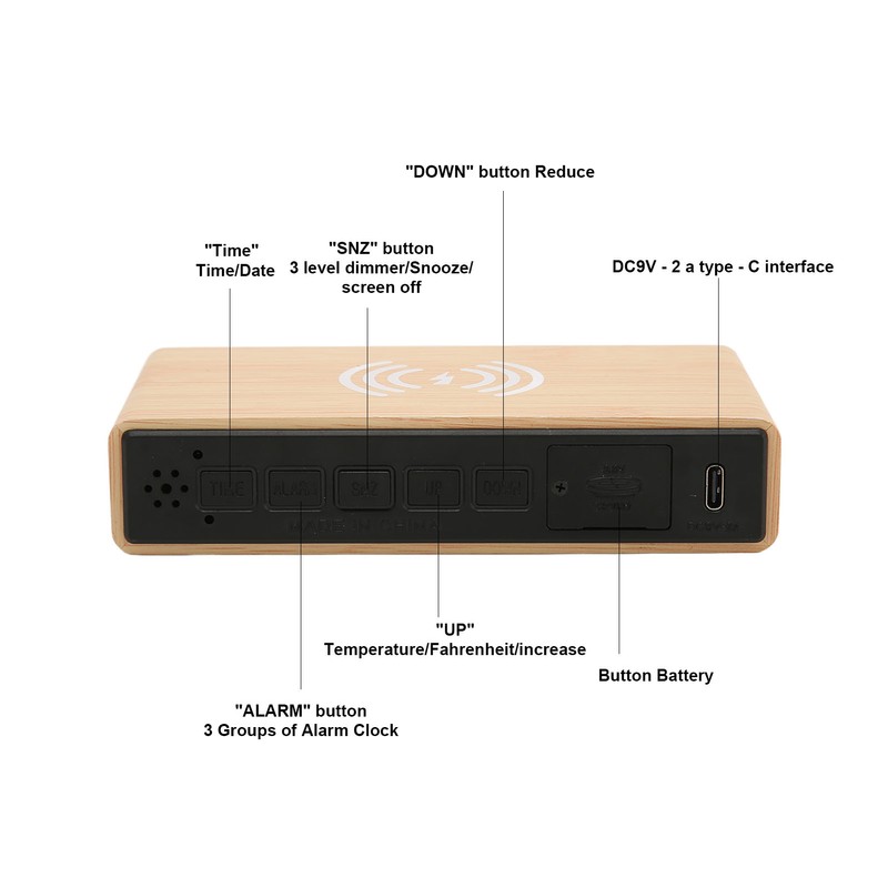 Wooden Digital Alarm Clock with Wireless Charging 3 Level Dimmer