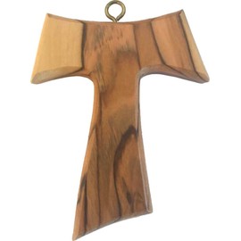 Holy Land Market Large and Thick Wall Tau Hand Carved Olive Wood Tau Cross with Hook - Hanging (10 cm or 4 inches) with Certificate