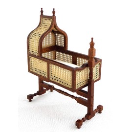 Melody Jane Dolls House Jacobean Cane Walnut Rocking Cradle Fine Miniature Nursery Furniture