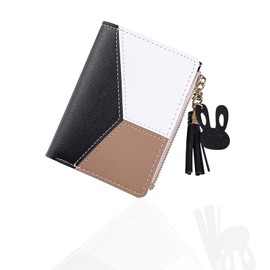 FuninCrea Women's Small Purse with Metal Press Stud and Zip, Leather Wallet with Coin Pocket, Multifunctional Wallet Women's Bifold Credit Card Holder, black, simple