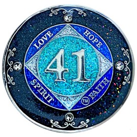 (Years 1-50) NA 41 Year Crystals and Glitter Medallion, Silver Color Plated Coin, Black Rainbow, Blue Glitter and Four Clear Crystals, Epoxy Covered (NA 41 Year Glitter & Crystals Medallion)