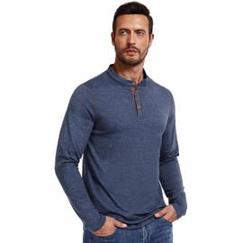 PEGENO Men Henley Shirts Long Sleeve Designed Collared Shirts Contrast Stitching for Men Navy Blue Medium