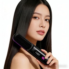 Cordless Hair Straightener Brush for Women, Portable Travel Hair Straightener Brush, Ionic Ceramic Mini Hot Comb with Fast Heating, 3 Heat Settings, USB Rechargeable Anti-Frizz Styling Tool (Black)