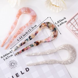 OIIKI 3pcs French U Shaped Hair Forks Pins Sticks for Buns Thick Long Hair, 4.4inch Large Wavy French Hair Pins, Tortoise Shell 2 Prong U-shape Hairpins Hair Accessories for Women Girls