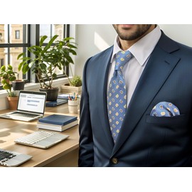 S&W SHLAX&WING Steel Blue Paisley Mens Necktie and Pocket Square Set Yellow Woven Tie and Handkerchief Medium 147cm