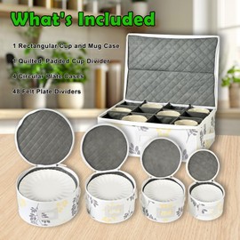 China Storage Containers for 12 Place Setting, Hard Shell Storage Containers for Dinner Plates, Salad Plates, Dessert Plates, Saucers, Cups, & Mugs - Yellow & Gray Floral 5 Pc Fine China Storage Set