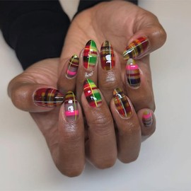 Mkwntg 24Pcs French Tip Press on Nails Short Almond Fake Nails Fashion Test Card Stripes Style Glue on Nail Full Cover Artificial Reusable Colorful Acrylic Nail for Women Manicure Decoration