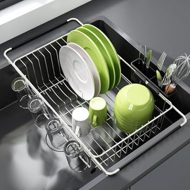 SenseYo Expandable Stainless Steel Dish Drying Rack - Versatile Sink and Countertop Dish Drainer with Utensil Holder, Adjustable Length for Easy Use Over The Sink or Inside The Sink, Silver