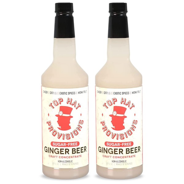 Top Hat Keto Sugar Free Ginger Beer Syrup & Moscow Mule Mix - Naturally Sweetened with Monk Fruit - Craft Soda Mixer for Cocktail Drinks - Just Add Seltzer Water - 2 pack 32oz Bottles