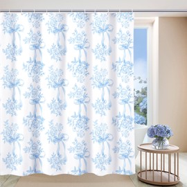 MEHOFOND Blue Floral Bow Shower Curtain, Coquette Cute Bowknot Shower Curtain,Chinoiserie Flower Bow-tie Bathroom Decor Curtain Romantic Blue Aesthetic Bathroom Curtain with 12 Hooks 72x72IN