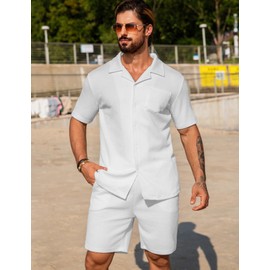 URRU Men Two Piece Outfits Sets Big and Tall Short Sets for Men Summer Beach All White Matching Set Men with Pocket White M