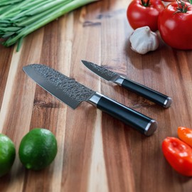 Swiss Diamond 2-Piece Santoku and Paring Knife Set, Hammered German Steel Blades, 55+2 Rockwell Hardness, Black ABS Handles