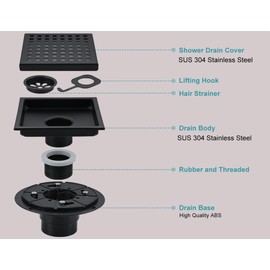 YUNZHIZHAO 6 Inch Square Shower Floor Drain Kit, SUS 304 Stainless Steel Matte Black, Removable Grid Cover with Flange and Hair Strainer