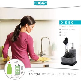 ZCCZ Black Soap Dispenser with Sponge Holder, Kitchen Soap Dispenser Pump, Sponge Caddy and Brush Holder 3 in 1 Set Organizer for Sink Countertop, Removable Tray, Marble Look (Brush NOT Included)